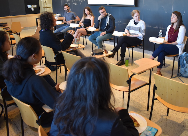 From left, Alec Resnick, Kimberly Villalobos Carballo, Filip Twarowski, and Teal Guidici, with Libby Doucet, MIT Assistant Director of Career Counseling and Training