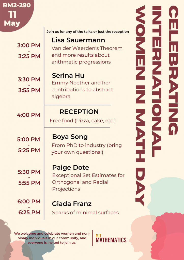 Poster identifying several female-identifying mathematicians who will give talks.